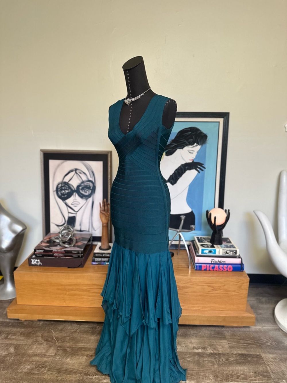 Herve Leger Teal Bandage V-Neck Mermaid Gown